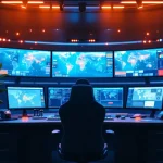 Lege dispatchers werkstation met gebogen monitoren, verlichte bedieningspanelen en plant in noodcentrale controleruimte