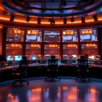 Moderne noodcentrale met zeven verlichte werkstations, gebogen monitoren en ergonomische stoelen in professionele omgeving