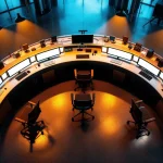 Moderne noodoproep controleruimte met vijf werkstations in halve cirkel, verkeerd ingestelde stoelen en professionele verlichting