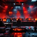 Noodcentrale met rode waarschuwingslichten en systeemfouten op monitors, verlaten werkplekken tijdens crisis