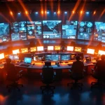 Luchtfoto van moderne meldkamer met meerdere werkstations, verlichte monitoren en operators tijdens piekuren