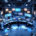 Luchtfoto van moderne meldkamer tijdens renovatie met gebogen werkstations, wandschermen en bouwmaterialen