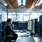 Operator met headset aan bureau met drie monitoren in moderne Nederlandse 112 meldkamer met houten plafondbalken