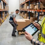Veiligheidsspecialist met tablet observeert magazijnmedewerker die zware doos tilt in industriële warehouse