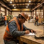 Bouwvakker in reflecterend vest vult papieren enquête in aan tafel in industriële werkplaats met stalen balken