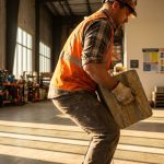 Bouwvakker in oranje hesje tilt betonblok met juiste heftechniek in moderne industriële loods