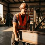 Bouwvakker tilt zware stalen balk in industriële loods, draagt heldere veiligheidskleding en werkhandschoenen