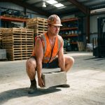 Bouwvakker in oranje hesje tilt betonblok met juiste hurtechniek in industriële magazijn