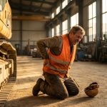 Bouwvakker in veiligheidsvest knielt bij zware machines terwijl hij zijn onderrug vasthoudt van pijn in industriële hal