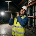 Bouwvakker in veiligheidskleding tilt zware stalen balk in industriële loods, draagt helm en handschoenen