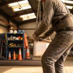 Bouwvakker tilt stalen balk met juiste hefhouding en rugsteun in industriële loods met veiligheidsuitrusting