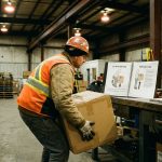 Bouwvakker in oranje veiligheidsvest tilt doos met juiste techniek terwijl hij veiligheidshandboek raadpleegt in magazijn