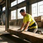 Bouwvakker in veiligheidsvest tilt houten balk met juiste houding, geknield met rechte rug in industriële loods