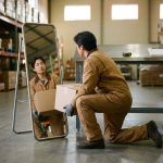 Werknemer controleert houding tijdens het tillen van doos in magazijn, ergonomische meetinstrumenten op werkbank