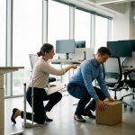 Ergonomiespecialist beoordeelt werkhouding van medewerker die doos tilt in moderne kantooromgeving