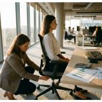 Ergonomiespecialist past bureaustoel aan terwijl werknemer goede houding toont aan verstelbaar bureau in modern kantoor