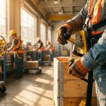 Bouwvakker gebruikt ergonomisch heftapparaat in moderne magazijn met natuurlijk licht, andere werknemers op achtergrond