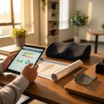 Werkplek veiligheidsspecialist houdt tablet met ergonomische data vast naast meetinstrumenten op modern bureau