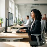 Kantoormedewerker met goede houding aan ergonomische werkplek met verstelbare monitor en split toetsenbord