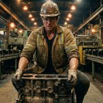 Fabrieksarbeider in veiligheidskleding tilt zwaar metalen onderdeel met juiste houding, industriële machines op achtergrond