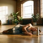 Fitness enthousiasteling rust op yogamat in sereen herstelpose met waterles en handdoek, zachte natuurlijke verlichting