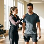 Fitnessinstructeur demonstreert correcte heftechniek met halters aan trainee in moderne sportschool