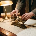 Ingenieur balanceert houten blokken op precisieweegschaal naast technische blauwdrukken op mahonie bureau