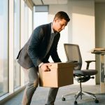 Kantoormedewerker in pak tilt doos met juiste houding op moderne werkplek met ergonomische stoel en bureau