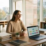 Professionele kantoormedewerker aan georganiseerd bureau met laptop, documenten, plant en koffie in natuurlijk licht