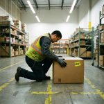 Magazijnmedewerker in veiligheidsvest tilt zware doos met juiste houdtechniek in industrieel warehouse