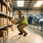 Magazijnmedewerker tilt lichte doos met juiste ergonomische techniek in geoptimaliseerde werkruimte met georganiseerde stellingen