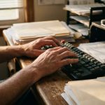 Handen van persoon die gegevens invoert op toetsenbord, zichtbaar gespannen polsen, stapels papierwerk op bureau