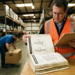 Veiligheidsinspecteur bekijkt ergonomische handleiding terwijl magazijnmedewerker zware doos tilt op de achtergrond