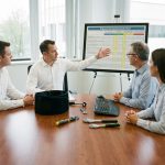 Veiligheidsconsulent presenteert ergonomische beoordeling aan drie ondernemingsraadleden rond vergadertafel met veiligheidsuitrusting