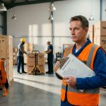 Veiligheidsinspecteur in hesje controleert ergonomische checklist in moderne magazijn met werknemers op achtergrond