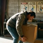 Persoon tilt zware doos met slechte houding - gebogen rug en rechte knieën - op werkplek met veiligheidsinstructies