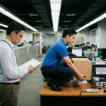 Veiligheidsinspecteur met klembord observeert kantoormedewerker die juiste tiltechniek demonstreert in professionele werkomgeving