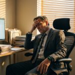 Gestresste kantoormedewerker met hand tegen voorhoofd, omringd door stapels papierwerk en computer op bureau