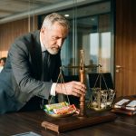 Professionele zakenvrouw bekijkt houten weegschaal met energierepen en zandlopers op conferentietafel in kantoor