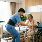 Zorgverlener in uniform helpt oudere patiënt van bed naar rolstoel met juiste tiltechniek in moderne ziekenhuiskamer