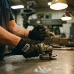 Fabrieksarbeider draagt ergonomische anti-vibratie handschoenen terwijl hij elektrisch gereedschap vasthoudt in industriële omgeving