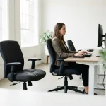 Kantoormedewerker demonstreert goede houding aan ergonomische werkplek, met lege stoel ernaast in modern kantoor