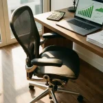 Ergonomische bureaustoel met mesh rugleuning bij bureau met laptop met financiële groeigrafieken en calculator