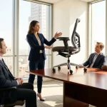 Zakenvrouw presenteert ergonomische bureaustoel aan directeuren in moderne vergaderzaal met grote ramen