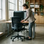 Kantoormedewerker past ergonomische bureaustoel aan bij sta-zit bureau met goede houding in moderne werkruimte