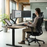 Persoon werkt comfortabel aan ergonomisch bureau met verstelbare stoel en monitoren op ooghoogte in moderne kantoorruimte