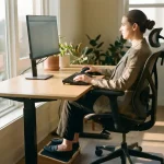 Kantoormedewerker toont correcte ergonomische houding aan bureau met monitor op ooghoogte en goede rugsteun