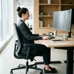 Kantoormedewerker toont perfecte ergonomische houding aan bureau met verstelbare stoel en monitor op ooghoogte