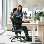 Kantoormedewerker toont correcte ergonomische houding aan bureau terwijl collega observeert in moderne werkruimte