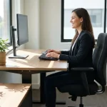 Werkplek consultant toont correcte ergonomische houding aan verstelbaar bureau met toetsenbord op ooghoogte